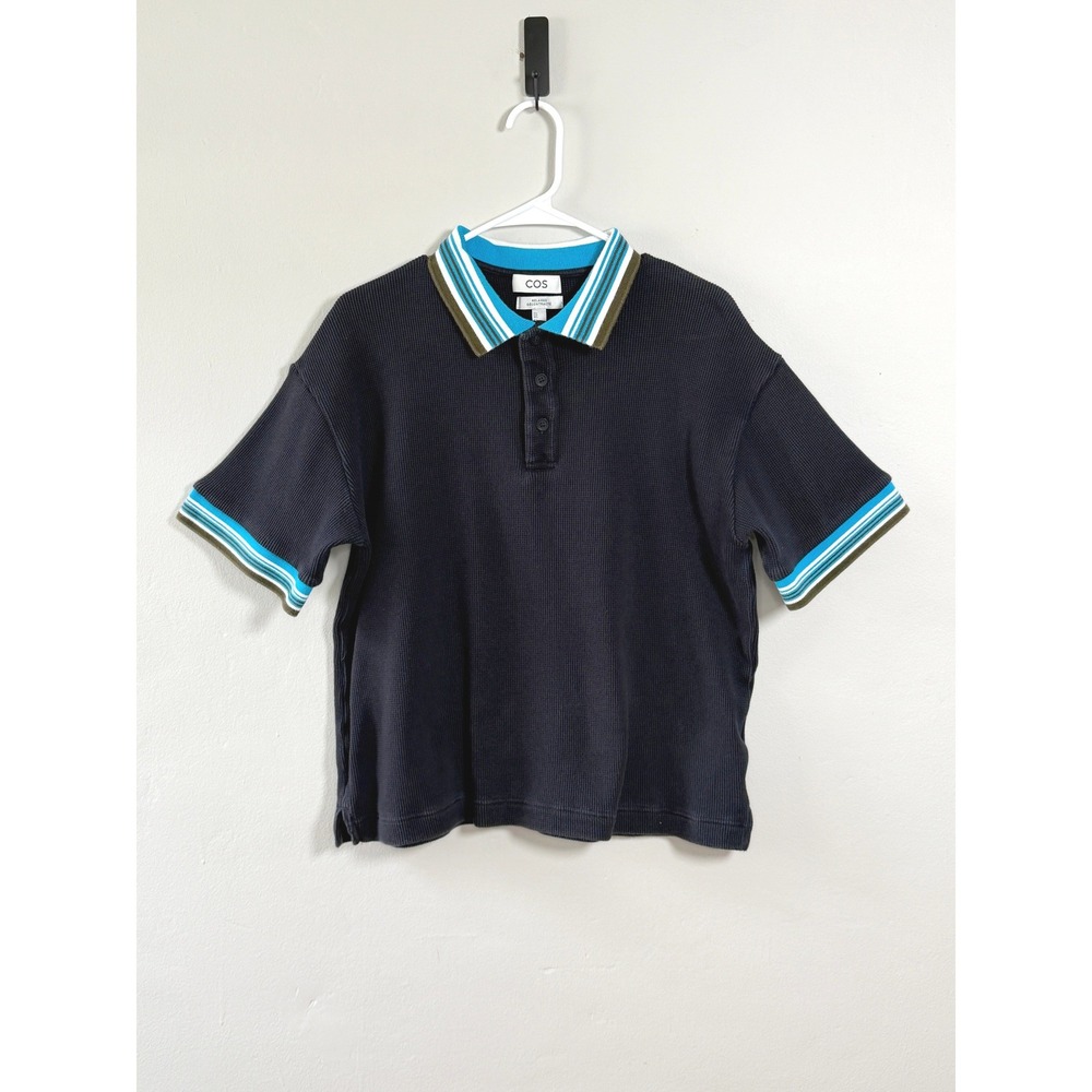 COS Polo Shirt M Navy Cotton Waffle Knit Relaxed Stripe Collar Minimalist Preppy